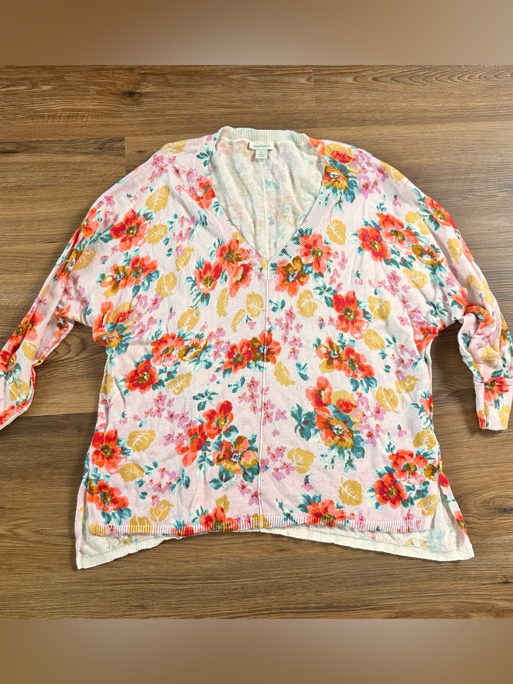 Sundance Watercolor Pink Floral Sweater Large V-Neck Dolman Sleeve Boho Cottage